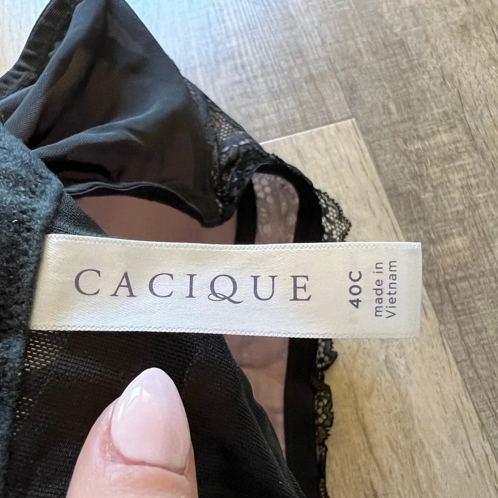 Cacique Black Pink Lace Lightly Lined Balconette Bra 40C Rosebud Detail 5238